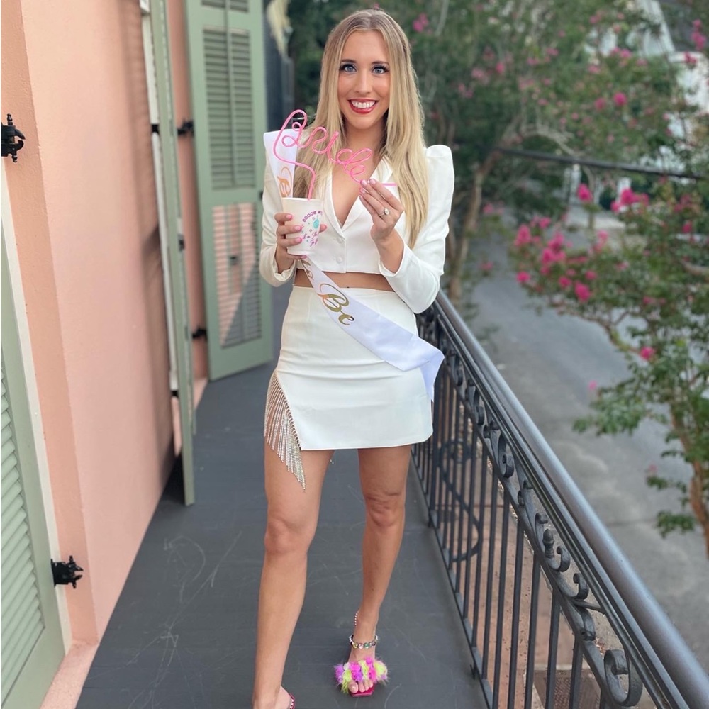 Matching white set with rhinestone fringe, cropped blazer, mini skirt